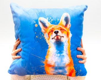 Fox Pillow, Blue Accent Throw Pillow Cover Zippered, Animal Theme Nursery Cushion, Woodland Animal Decor