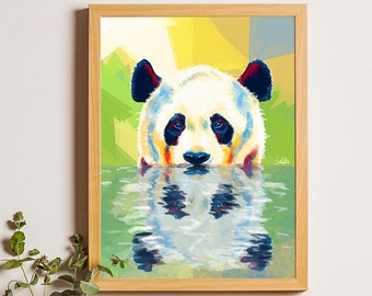 Panda Print, Cute Animal Poster Colorful Prints, panda gifts, Bright yellow green Wall Art