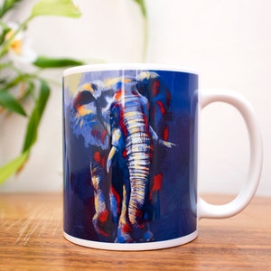 Elephant Coffee Mug Blue, animal ceramic mug 11oz, elephant lover gift, coffee cup with printed illustration