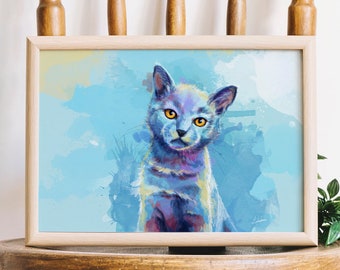 Kitten Art Print, Cat Wall Art Print Blue Colorful Print for Baby Room, cat lover gift, baby animal poster for kids, watercolor cat portrait