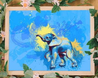 Baby Elephant Art Print, Blue Elephant Wall Art for Nursery, Baby Animal Prints Safari, Cute Illustration Colorful Happy Prints