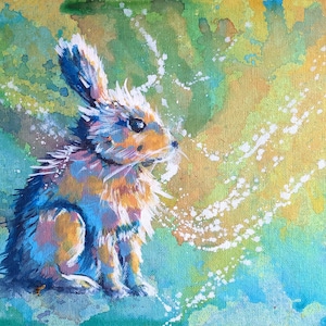 Wild Bunny Rabbit Acrylic Painting on Canvas, Small hand painted abstract wall art, 8&quot;X10&quot; animal decor