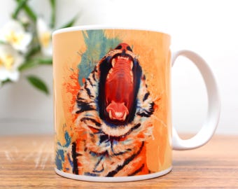 Tiger Ceramic Coffee Mug 11 oz, colorful animal cup with unique illustration