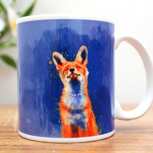 Fox Mug 11 oz, Illustrated Blue Ceramic Coffee Mug with Whimsical Animal, Microwave and Dishwasher Safe, Fox Lover Gift