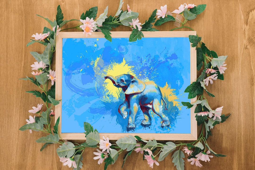 Baby Elephant Art Print, Blue Elephant Wall Art for Nursery, Baby Animal Prints Safari, Cute