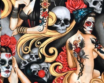 Vintage Tattoo Skulls Cotton Fabric