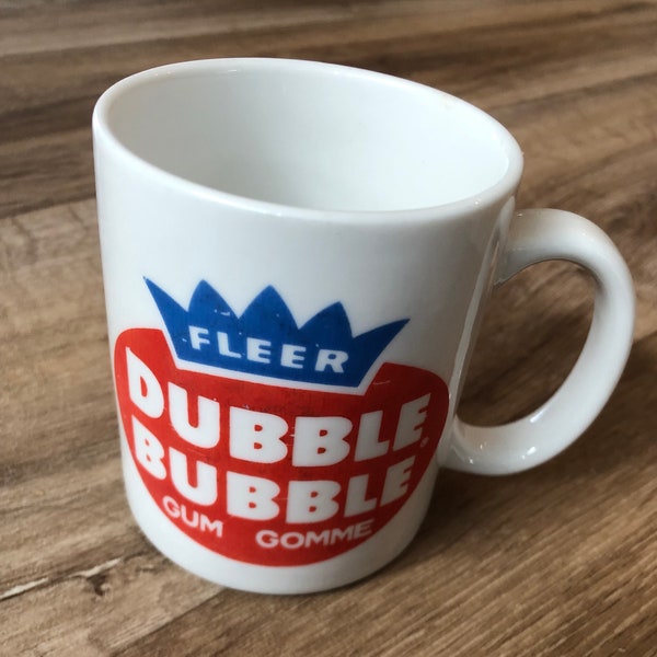 Vintage Fleer Dubble Bubble Double Coffee Mug cup 1980’s gum gomme French English bazooka Joe white