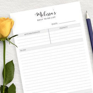May include: A white printable daily to-do list with the title "Melissa's Daily To Do List". The list has sections for appointments, to do, notes, date, and priority.