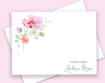 Elegant Floral Personalized Stationery, Thank You Note Cards, Pink Lavender Yellow Bouquet, Whimsical Signature Stationary, Wedding, Flat