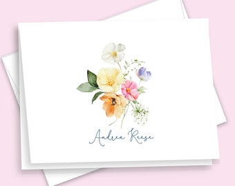 Elegant Floral Personalized Stationery, Thank You Note Cards, Pink Lavender Yellow Bouquet, Whimsical Signature Stationary, Wedding  FOLDED
