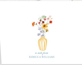 Whimsical Colorful Wildflowers In A Farmhouse Yellow Stripe Vase, Classic Feminine Personalized Folded Note Cards