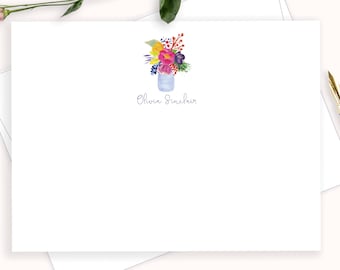 Floral Personalized Stationary, Elegant Script Floral Note Cards, Flower Bouquet In Vase Thank You Cards, Classic Stationery,  FLAT, FL09