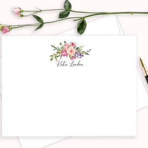 Pink Floral Personalized Stationary, Simple Elegant Note Cards, Watercolor Flowers Bouquet, Painted Flowers Thank You Cards, FLAT, FL16T