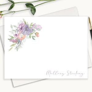 Purple Floral Personalized Stationary, Simple Elegant Floral Personalized Note Cards, Floral Line Art Thank You Cards Stationery, FLAT, FL12