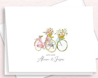 Tandem Bikes With Wildflowers Personalized Watercolor Note Cards For Bridal Shower, Engagement And Wedding Gifts