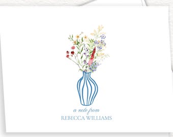 Whimsical Colorful Wildflowers In A Farmhouse Blue Stripe Vase, Classic Feminine Personalized Folded Note Cards