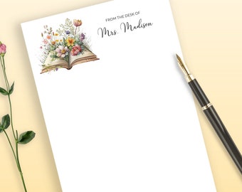 Personalized Teacher Note Pad, Books And Flowers Notepad, Back To School, Wildflower Stationary, From The Desk Of, Gift For Teacher