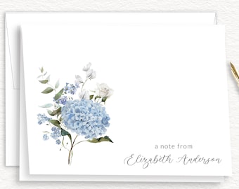 Blue Hydrangea Bouquet On Personalized Note Cards, Elegant Fold Over Classic Summer Floral Stationery