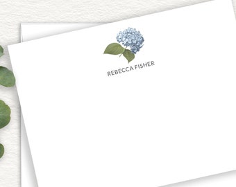 Blue Hydrangea Personalized Stationery, Floral Stationary, Simple Floral Note Cards, Classic Floral Thank You Cards, Vintage Floral, FLAT