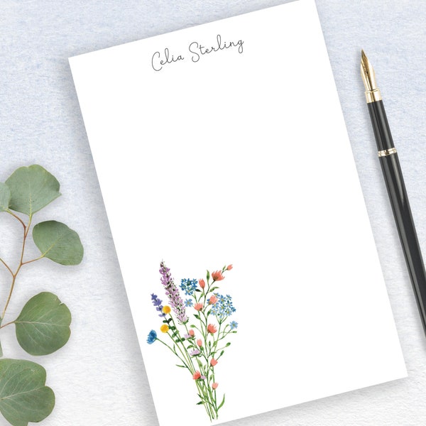 Personalized Wildflowers Notepad, Watercolor Floral Gardening Stationery, Whimsical Notepad With Flowers, Elegant Calligraphy Stationary