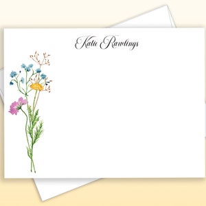 Wildflowers Personalized Stationary, Elegant Script Note Cards, Delicate Floral Design Stationery, Feminine Thank You Cards, Flat, FL21