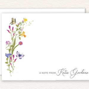 Wildflowers, Butterflies Personalized Stationary, Elegant Script Note Cards, Summer Floral Design Stationery, Feminine Thank You Cards, Flat
