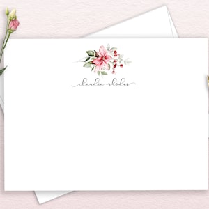 Personalized Christmas Poinsettia Stationery, Pink Floral Personalized Stationary, Holiday Thank You Note Cards, Thank You Notes, FLAT