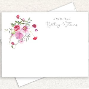 Summer Floral Personalized Stationery, Elegant Pink Rose And Poppy Thank You Note Cards,  Whimsical Script A Note From Stationary, FLAT
