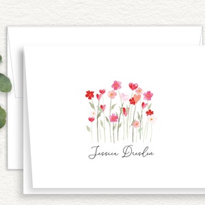 Whimsical Floral Stationery with Hearts and Flowers, Custom Calligraphy, Pink and Red Note Cards, Folded