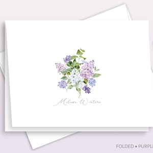 Lilac Bouquet Personalized Stationery, Thank You Stationary, Purple Lavender Floral Note Cards, Elegant Script Calligraphy,  FOLDED