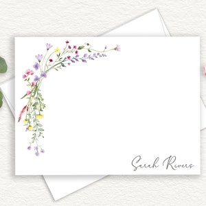 Wildflowers Personalized Stationary, Elegant Script Note Cards, Delicate Floral Design Stationery, Feminine Thank You Cards, Flat, FL18