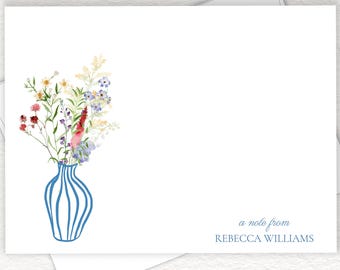 Whimsical Colorful Wildflowers In A Farmhouse Blue Stripe Vase, Classic Feminine Personalized Flat Note Cards