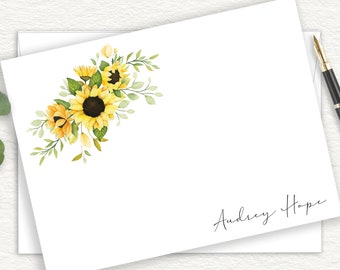 Sunflower Rustic Personalized Stationery, Farmhouse Stationary, Floral Note Cards, Gardner Thank You Cards, Summer Watercolor Flower, FLAT