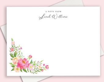 Floral Personalized Stationery, Floral Note Cards, A Note From, Teacher Gift, Thank You Cards, Pink Flowers Stationary, FLAT, FL29