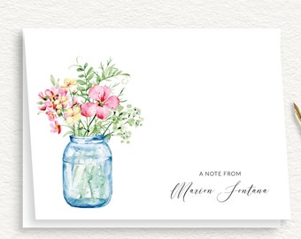 Wildflowers In A Jar Personalized Stationary, Elegant Script Note Cards, Spring Floral Design Stationery, Feminine Thank You Cards, Folded