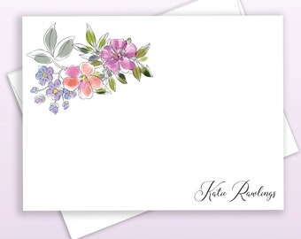 Personalized Line Art Floral Stationary, Elegant Coral, Purple Flowers, Note Card Stationery, Floral Thank You Cards, FLAT, FL22