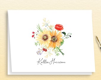 Sunflower Rustic Personalized Stationery, Farmhouse Stationary, Floral Note Cards, Gardener Thank You Cards, Summer Watercolor Notes, Folded