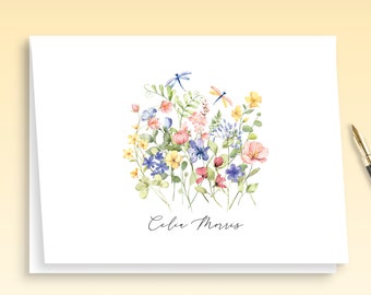 Wildflowers Personalized Stationary, Elegant Script Note Cards, Dragonfly Spring Floral Design Stationery, Feminine Thank You Cards, Folded