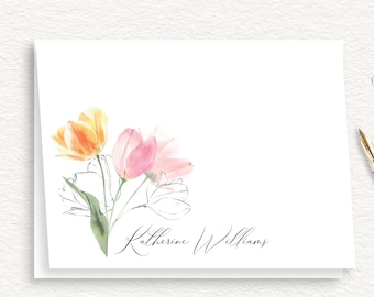 Spring Tulips Personalized Stationary, Elegant Script Note Cards, Pink,Yellow Floral Design Stationery, Feminine Thank You Cards, Folded