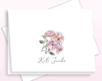 Pink Floral Line Art Personalized Stationary, Elegant Script Note Cards, Delicate Floral Design Stationery, Folded, FL44
