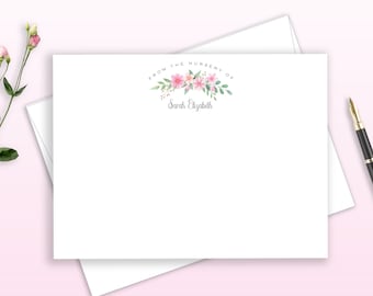 Baby Shower Thank You Cards, From The Nursery Of Pink Floral Personalized Baby Stationery, Girl Baby Stationary, Baby Shower Gift, Flat