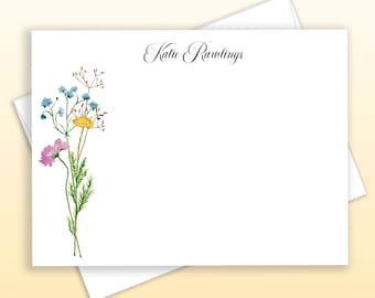 Wildflowers Personalized Stationary, Elegant Script Note Cards, Delicate Floral Design Stationery, Feminine Thank You Cards, Flat, FL21