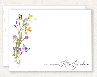 Wildflowers, Butterflies Personalized Stationary, Elegant Script Note Cards, Summer Floral Design Stationery, Feminine Thank You Cards, Flat