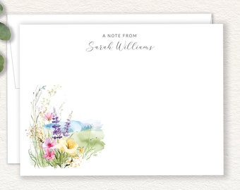 Personalized Elegant Script Note Cards with Wildflower Meadow, Spring Summer Landscape Thank You Cards, Flat