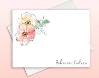 Modern Floral Personalized Stationary, Simple Elegant Floral Personalized Note Cards, Floral Thank You Cards Stationery, Line Drawing, FLAT