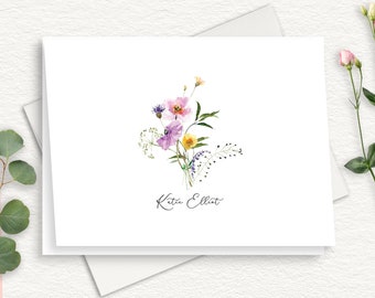 Summer Poppy  Personalized Stationery, Elegant Floral Thank You Note Cards, Pink Lavender Yellow Poppies, Classic Script Stationary, FOLDED