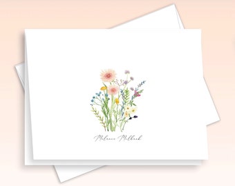 Wildflowers Personalized Stationary, Elegant Script Note Cards, Delicate Floral Design Stationery, Feminine Thank You Cards, Folded, FL42