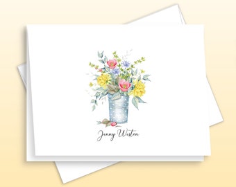 Summer Wildflowers Personalized Stationary, Elegant Script Note Cards, Pink, Yellow Flower Bouquet In Vase, Thank You Stationery, FOLDED