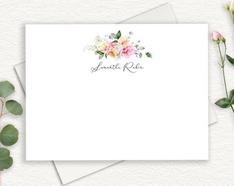Elegant Summer Thank You Note Cards, Fresh Pink Yellow Floral Personalized Stationery, Classic Feminine Script, Gardeners Stationary, FLAT