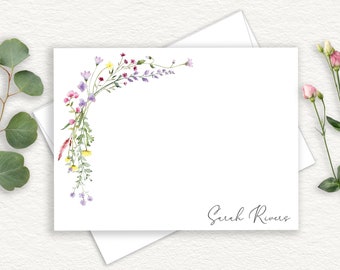 Wildflowers Personalized Stationary, Elegant Script Note Cards, Delicate Floral Design Stationery, Feminine Thank You Cards, Flat, FL18